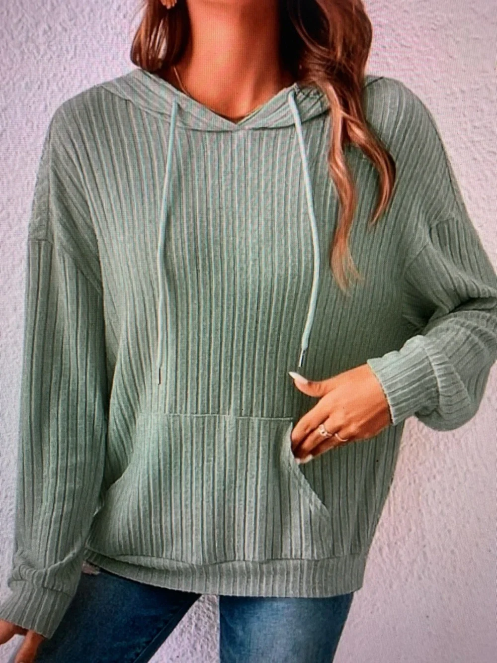 Ribbed Knit Hoodie in Sage Green - Picture 2 of 4
